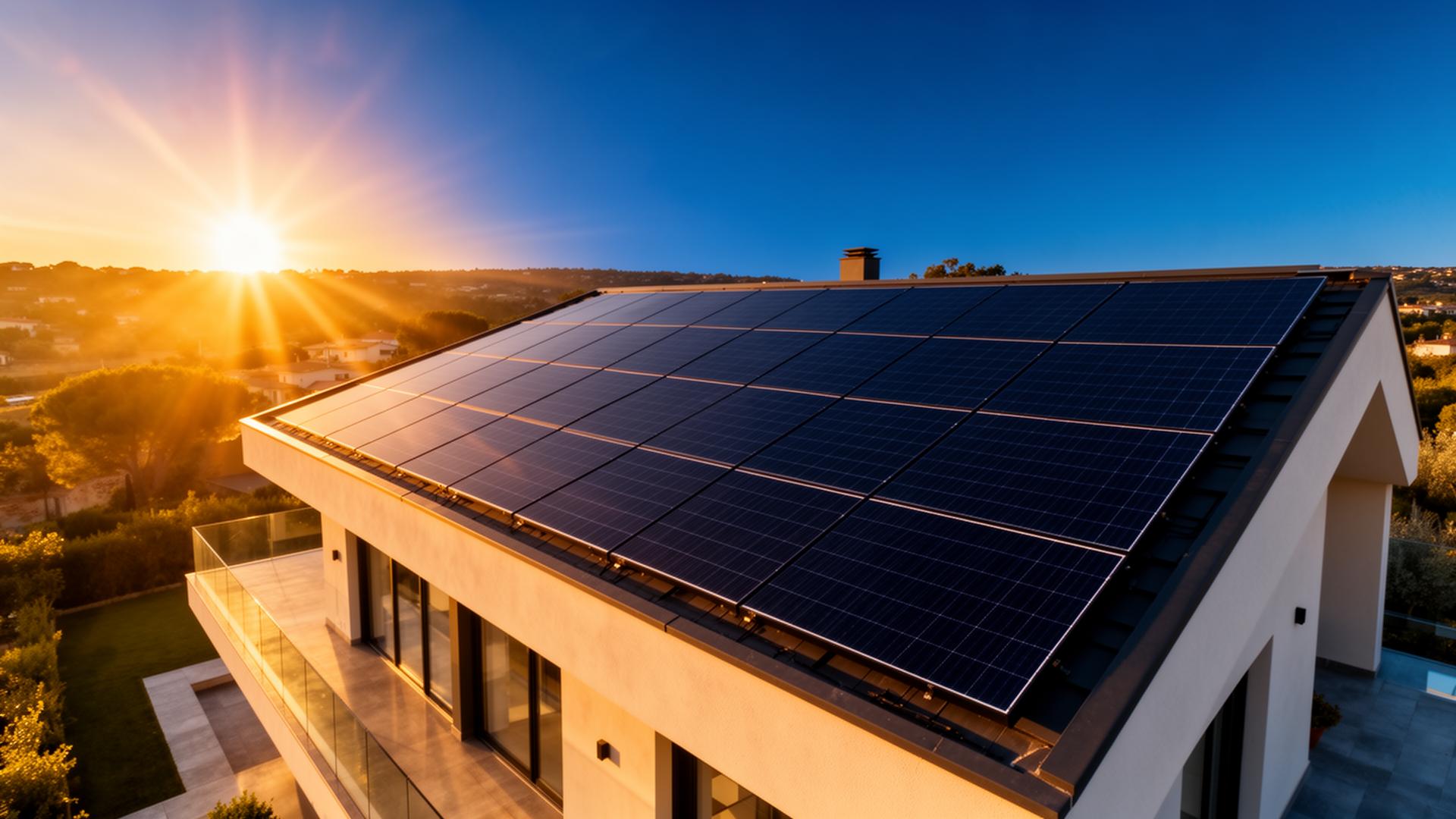 Toit équipé de panneaux photovoltaïques au coucher du soleil
