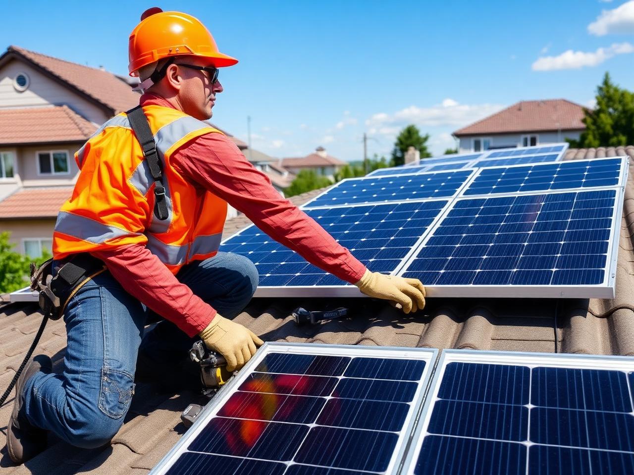 Technicien installant des panneaux solaires